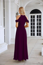 Abito da sera da damigella in chiffon con spalle scoperte, maniche a campana e spacco frontale, abito da festa nuziale 28117