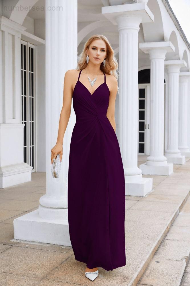 Vestido de Festa Comprido até ao Chão para Damas de Honra, em Chiffon, com Alças Finas, Decote em V e Fenda Frontal, para Baile, Festa e Casamento 28116
