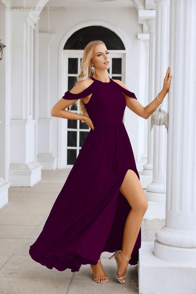 Abito da sera da damigella in chiffon con spalle scoperte, maniche a campana e spacco frontale, abito da festa nuziale 28117