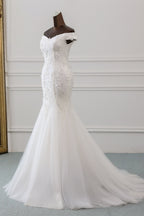 Sexy Long Off The Shoulder Mermaid Silhouette Wedding Dress With Lace Tulle