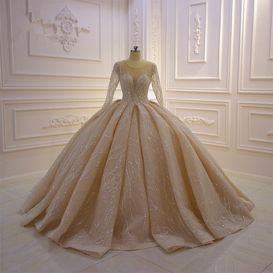 Glamorous Bateau Long Sleeve Floor Length Ball Gown Wedding Dress With Ruffles