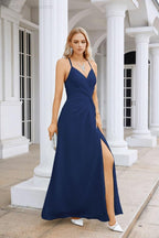Vestido de Festa Comprido até ao Chão para Damas de Honra, em Chiffon, com Alças Finas, Decote em V e Fenda Frontal, para Baile, Festa e Casamento 28116