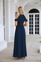 Abito da sera da damigella in chiffon con spalle scoperte, maniche a campana e spacco frontale, abito da festa nuziale 28117