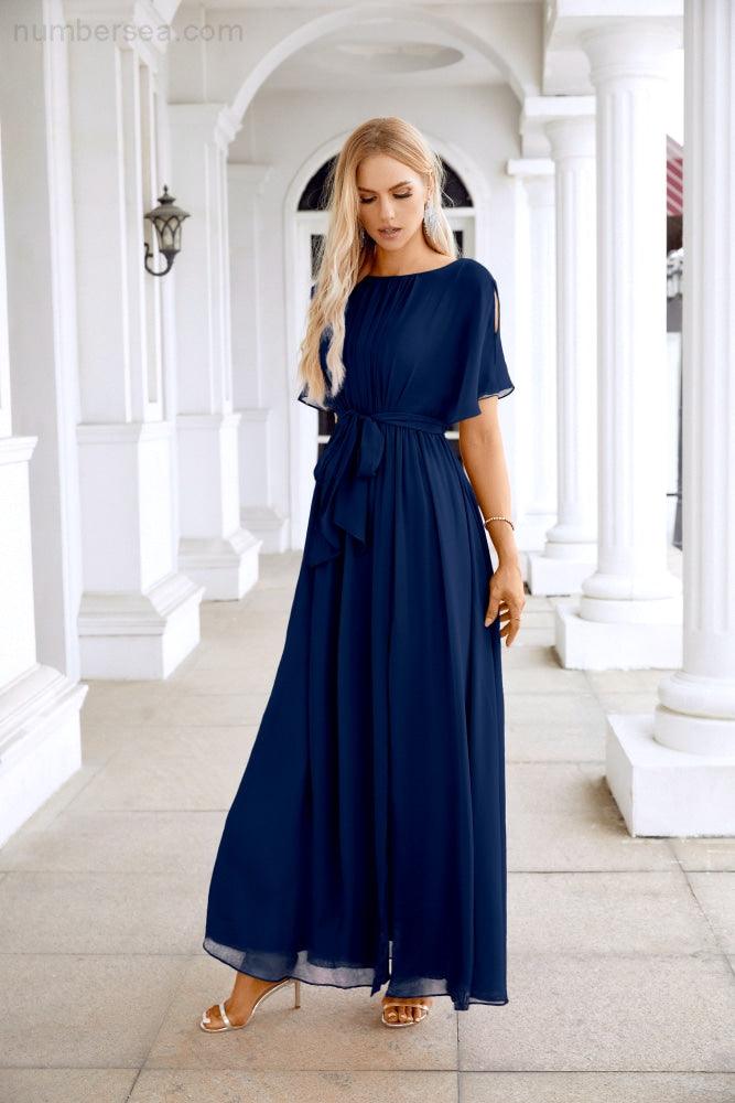 Robe de soirée longue jusqu'au sol pour demoiselle d'honneur, manches en mousseline, encolure ronde, fente avant, pour mariage et fête 28124