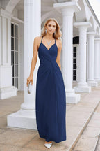 Vestido de Festa Comprido até ao Chão para Damas de Honra, em Chiffon, com Alças Finas, Decote em V e Fenda Frontal, para Baile, Festa e Casamento 28116