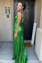 Vestido de fiesta largo de sirena con escote cuadrado y lentejuelas y abertura