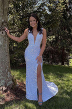 V-Neck Backless Sequins Long Mermaid Prom Dress