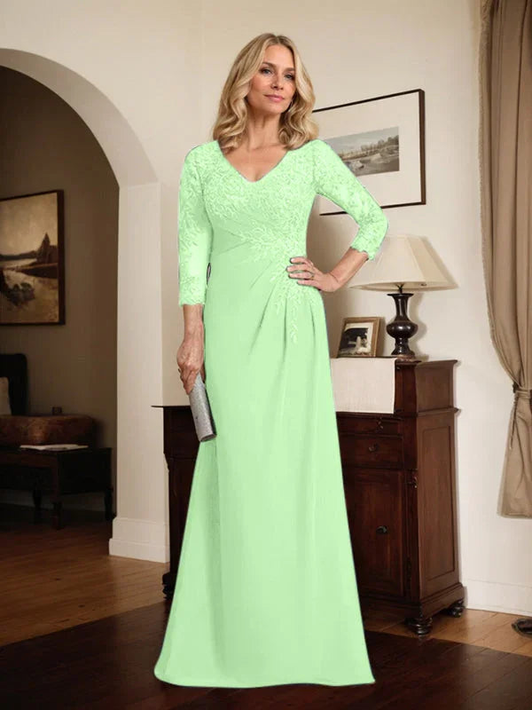 Vestido de madrina de novia con escote en V ilusión, corte columna, largo hasta el suelo, de encaje y gasa con lentejuelas plisadas