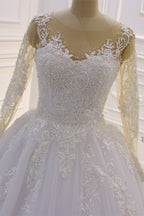 Elegant Long Sleeves Bateau Lace A Line Wedding Dress With Pearl Tulle Appliques