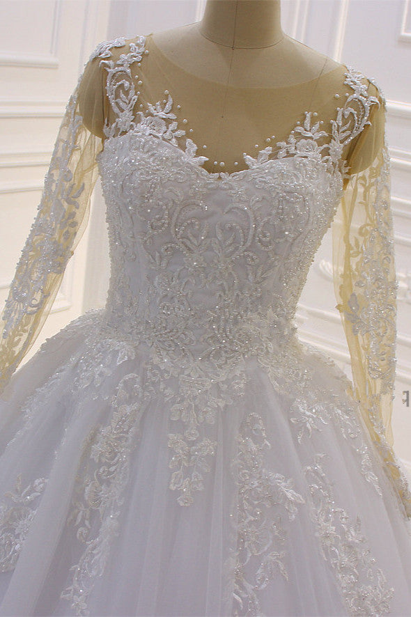 Elegant Long Sleeves Bateau Lace A Line Wedding Dress With Pearl Tulle Appliques