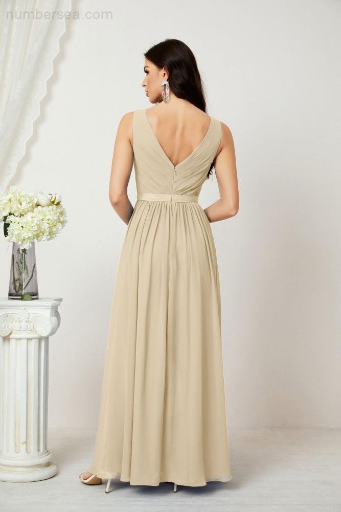 Abiti lunghi da damigella in chiffon da donna, linea a, senza maniche, abito formale da ballo per serata, abiti per festa di ritorno a casa 2808