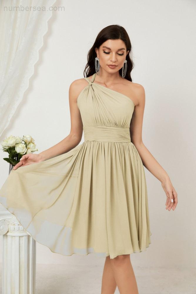 Women Chiffon Short One Shoulder Bridesmaid Dress Formal Dresses for Party Homecoming  2804
