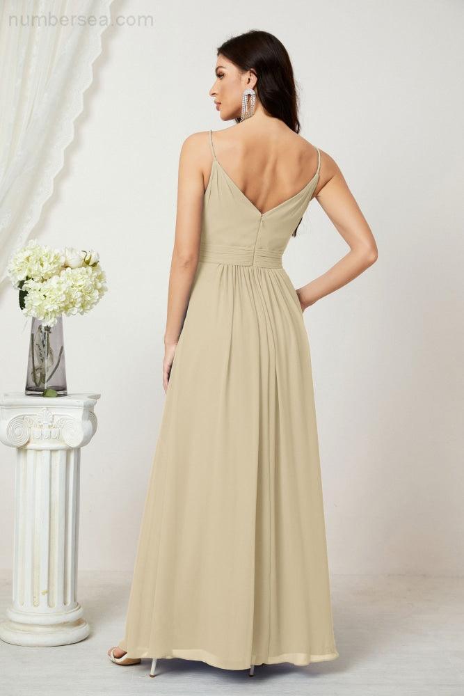 Chiffon V-Neck Bridesmaid Dress Spaghetti Strap Long Formal Party Prom Gowns with Slit 28010