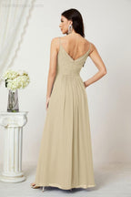 Chiffon V-Neck Bridesmaid Dress Spaghetti Strap Long Formal Party Prom Gowns with Slit 28010