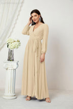 Evening Dresses Deep V-Neck Chiffon Bridesmaid Dresses Long Bishop Sleeve Side Split Formal Dress 2806