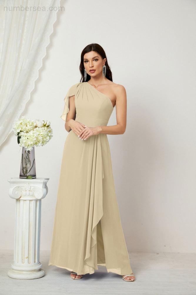 Chiffon Ruffled One Shoulder Long Bridesmaid Dresses A-line Formal Evening Gown Side Split 2809