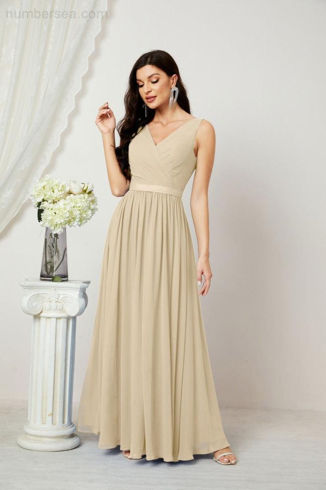 Abiti lunghi da damigella in chiffon da donna, linea a, senza maniche, abito formale da ballo per serata, abiti per festa di ritorno a casa 2808