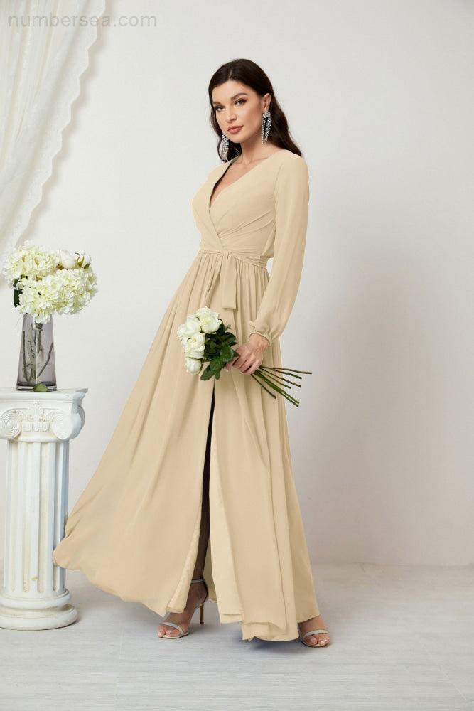 Evening Dresses Deep V-Neck Chiffon Bridesmaid Dresses Long Bishop Sleeve Side Split Formal Dress 2806