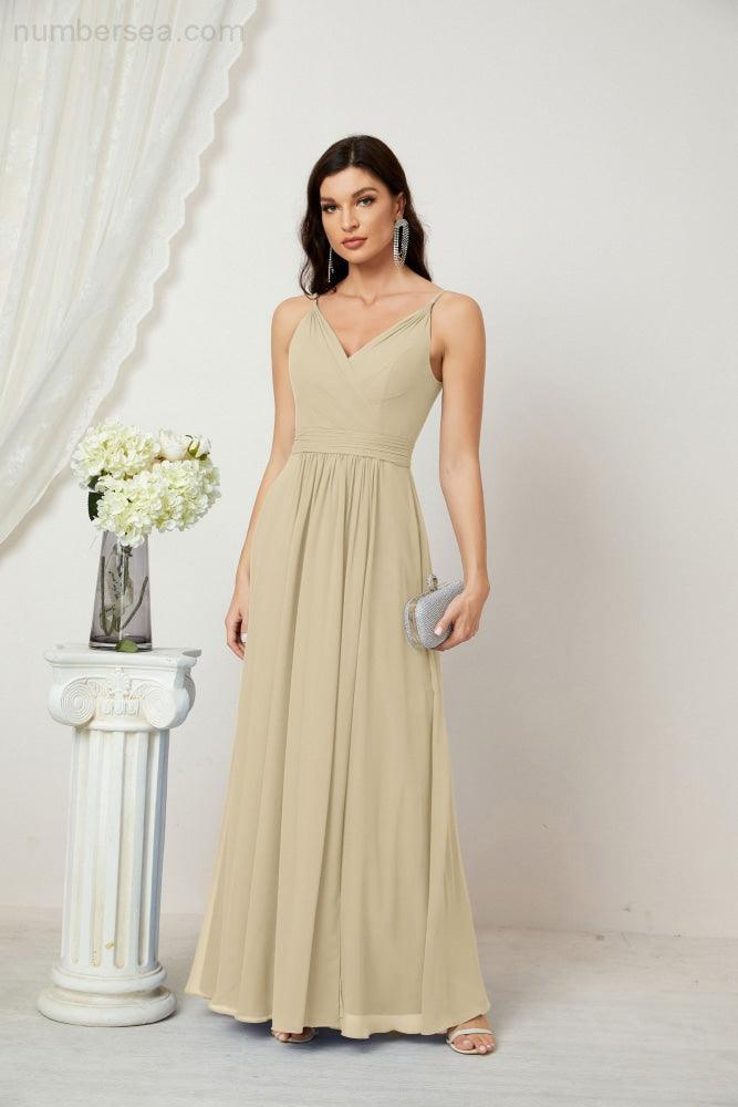 Chiffon V-Neck Bridesmaid Dress Spaghetti Strap Long Formal Party Prom Gowns with Slit 28010
