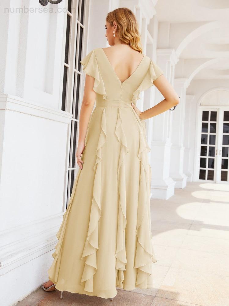 Ruffled Bridesmaid Dresses with Sleeves Long Formal Party Dress 28041