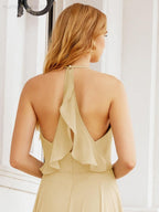 Halter Chiffon Bridesmaid Dresses Wedding Appare Sleeveless Formal Prom Dress with Ruffled Back 28035