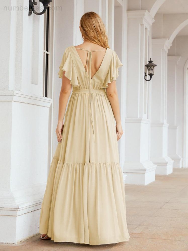 Abiti da sera formali da donna Numbersea con schiena scoperta, scollo a V, lunghi in chiffon, abiti da damigella con cintura in vita 28038