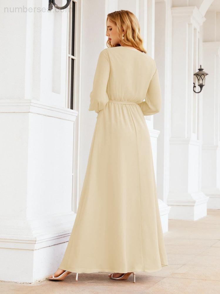 Vestito da damigella d'onore in chiffon da donna Numbersea, linea a trapezio, maniche lunghe, abito lungo formale da sera per ospite di matrimonio 28032