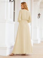 Vestito da damigella d'onore in chiffon da donna Numbersea, linea a trapezio, maniche lunghe, abito lungo formale da sera per ospite di matrimonio 28032