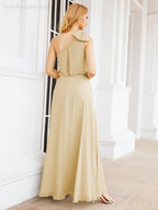 Chiffon Ruffled One Shoulder Sleeveless Long Bride Dresses A-line Formal Evening Gown Side Split 28057