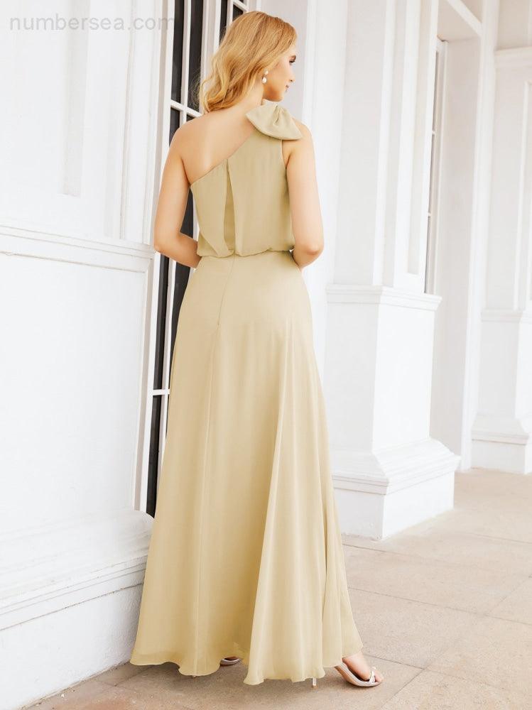 Chiffon Ruffled One Shoulder Sleeveless Long Bride Dresses A-line Formal Evening Gown Side Split 28057
