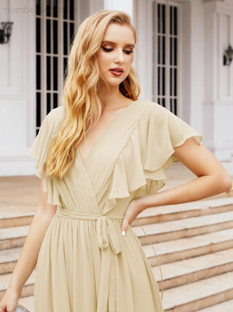 Abiti da sera formali da donna Numbersea con schiena scoperta, scollo a V, lunghi in chiffon, abiti da damigella con cintura in vita 28038