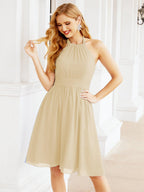 Halter Chiffon Bridesmaid Dresses Short Sleeveless Formal Party Dress Open Back 28023