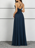 Navy Blue Chiffon Sweetheart Neck Maxi Dress with Ruffle Trim & High Slit