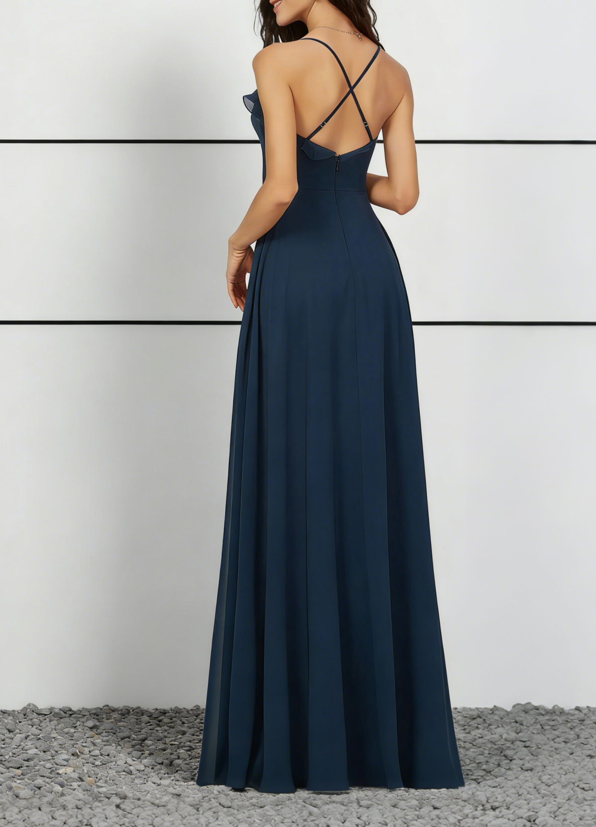 Navy Blue Chiffon Sweetheart Neck Maxi Dress with Ruffle Trim & High Slit
