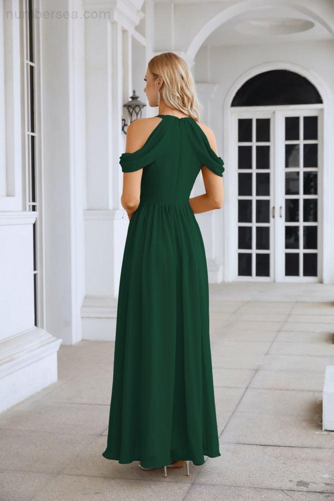 Abito da sera da damigella in chiffon con spalle scoperte, maniche a campana e spacco frontale, abito da festa nuziale 28117