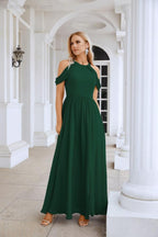 Abito da sera da damigella in chiffon con spalle scoperte, maniche a campana e spacco frontale, abito da festa nuziale 28117