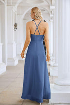 Vestido de Festa Comprido até ao Chão para Damas de Honra, em Chiffon, com Alças Finas, Decote em V e Fenda Frontal, para Baile, Festa e Casamento 28116
