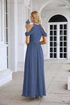 Abito da sera da damigella in chiffon con spalle scoperte, maniche a campana e spacco frontale, abito da festa nuziale 28117