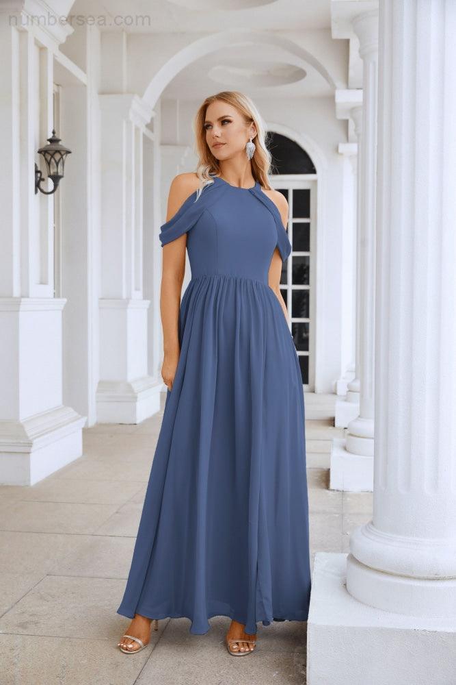 Abito da sera da damigella in chiffon con spalle scoperte, maniche a campana e spacco frontale, abito da festa nuziale 28117