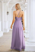 Vestido de Festa Comprido até ao Chão para Damas de Honra, em Chiffon, com Alças Finas, Decote em V e Fenda Frontal, para Baile, Festa e Casamento 28116