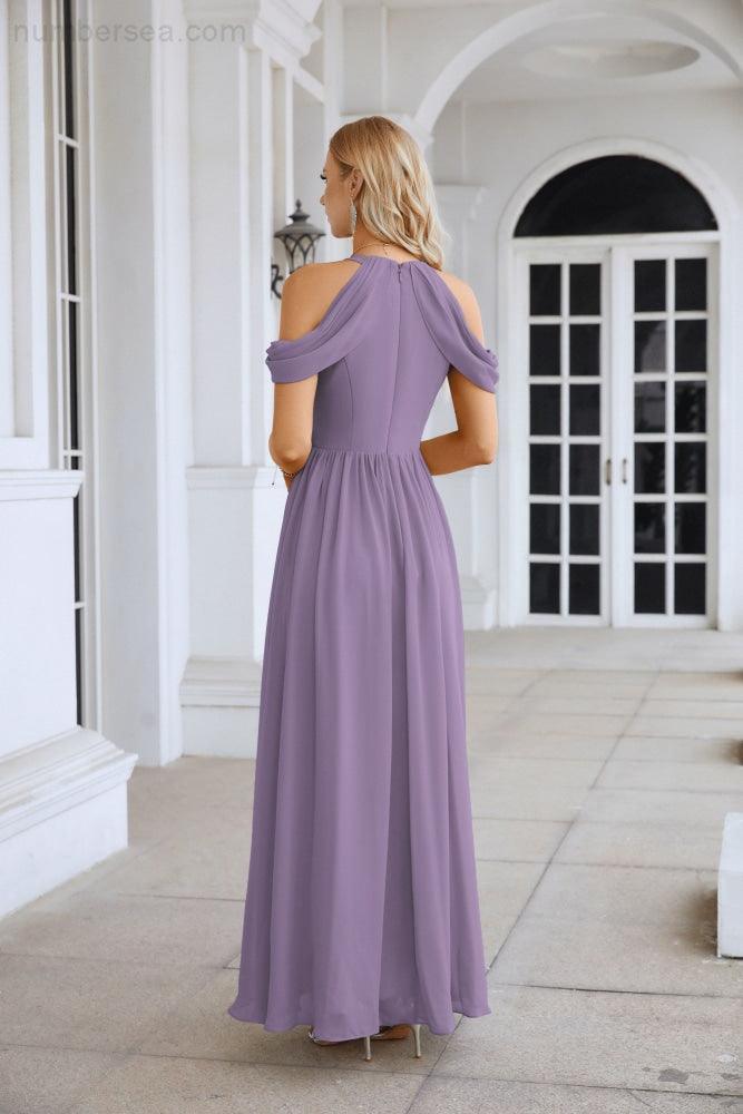 Abito da sera da damigella in chiffon con spalle scoperte, maniche a campana e spacco frontale, abito da festa nuziale 28117