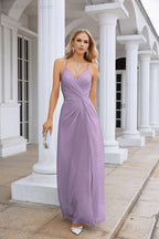 Vestido de Festa Comprido até ao Chão para Damas de Honra, em Chiffon, com Alças Finas, Decote em V e Fenda Frontal, para Baile, Festa e Casamento 28116