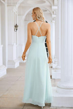 Vestido de Festa Comprido até ao Chão para Damas de Honra, em Chiffon, com Alças Finas, Decote em V e Fenda Frontal, para Baile, Festa e Casamento 28116