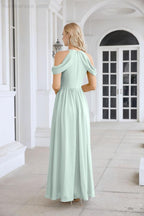 Abito da sera da damigella in chiffon con spalle scoperte, maniche a campana e spacco frontale, abito da festa nuziale 28117