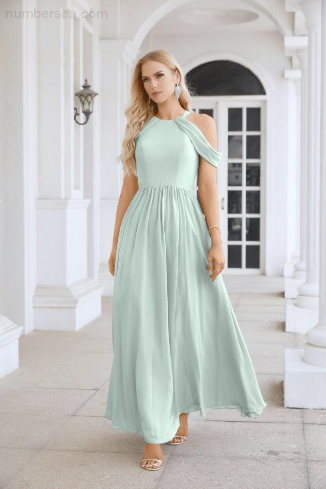 Abito da sera da damigella in chiffon con spalle scoperte, maniche a campana e spacco frontale, abito da festa nuziale 28117