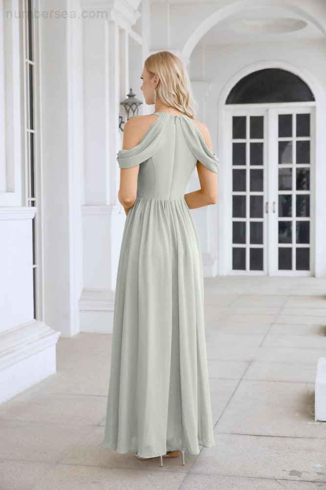 Abito da sera da damigella in chiffon con spalle scoperte, maniche a campana e spacco frontale, abito da festa nuziale 28117