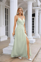 Vestido de Festa Comprido até ao Chão para Damas de Honra, em Chiffon, com Alças Finas, Decote em V e Fenda Frontal, para Baile, Festa e Casamento 28116