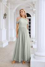 Abito da sera da damigella in chiffon con spalle scoperte, maniche a campana e spacco frontale, abito da festa nuziale 28117