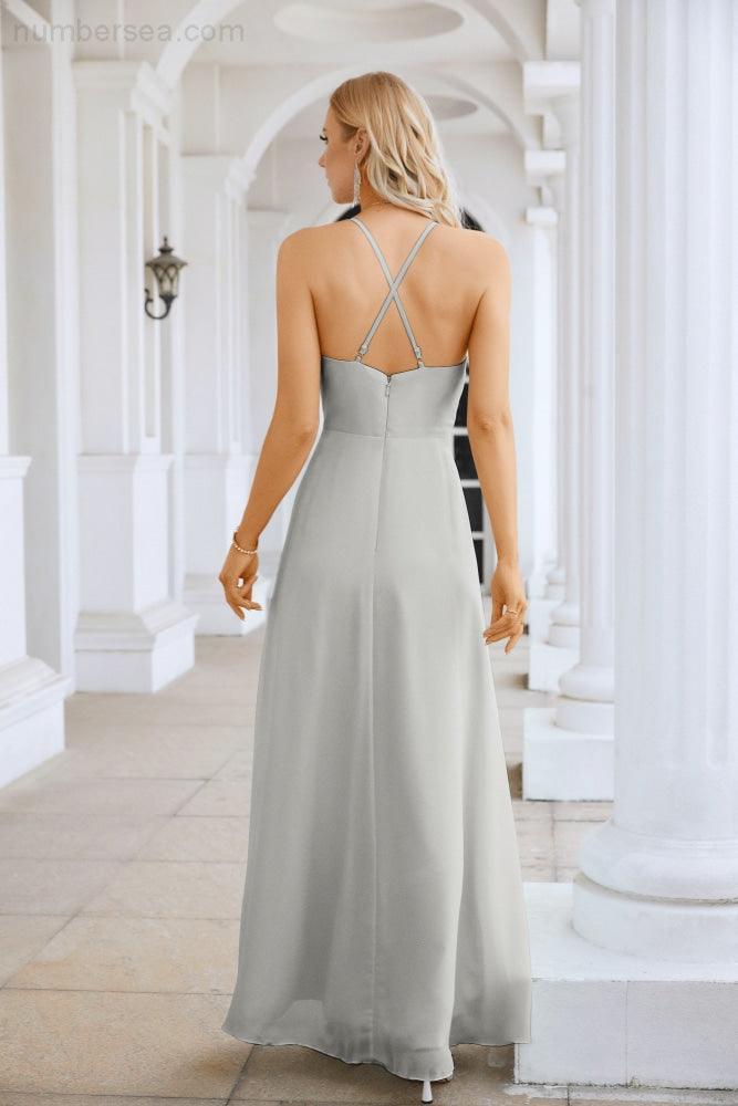 Vestido de Festa Comprido até ao Chão para Damas de Honra, em Chiffon, com Alças Finas, Decote em V e Fenda Frontal, para Baile, Festa e Casamento 28116