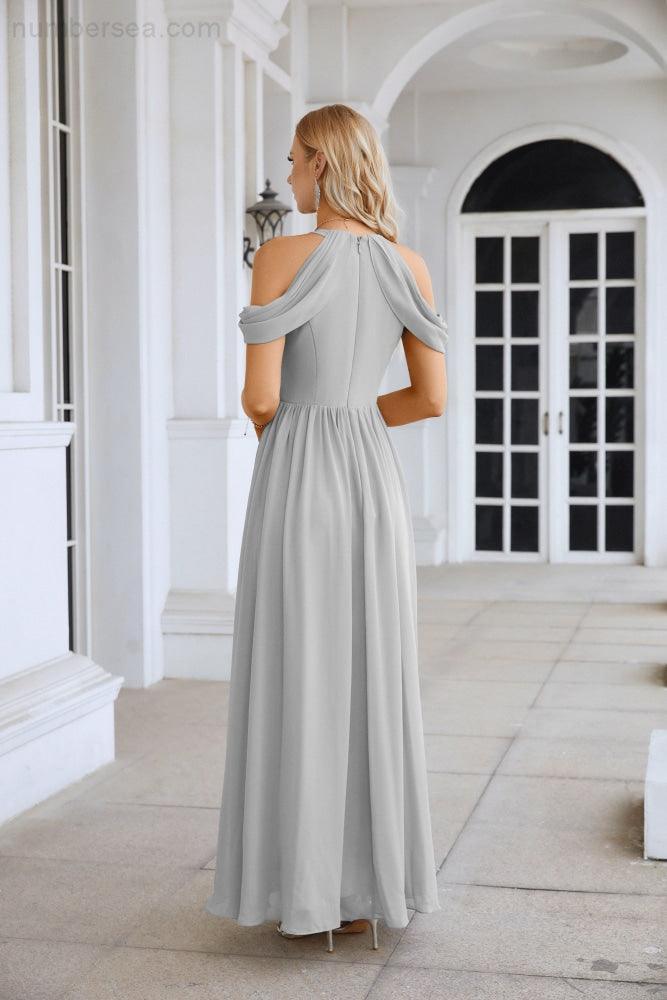 Abito da sera da damigella in chiffon con spalle scoperte, maniche a campana e spacco frontale, abito da festa nuziale 28117